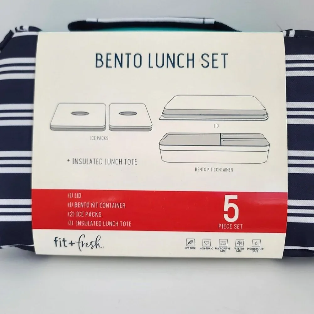 Fit & Fresh Bento Lunch Set 5 Pc Striped w 2 Ice Pack Insulated Zip Bag Navy NEW